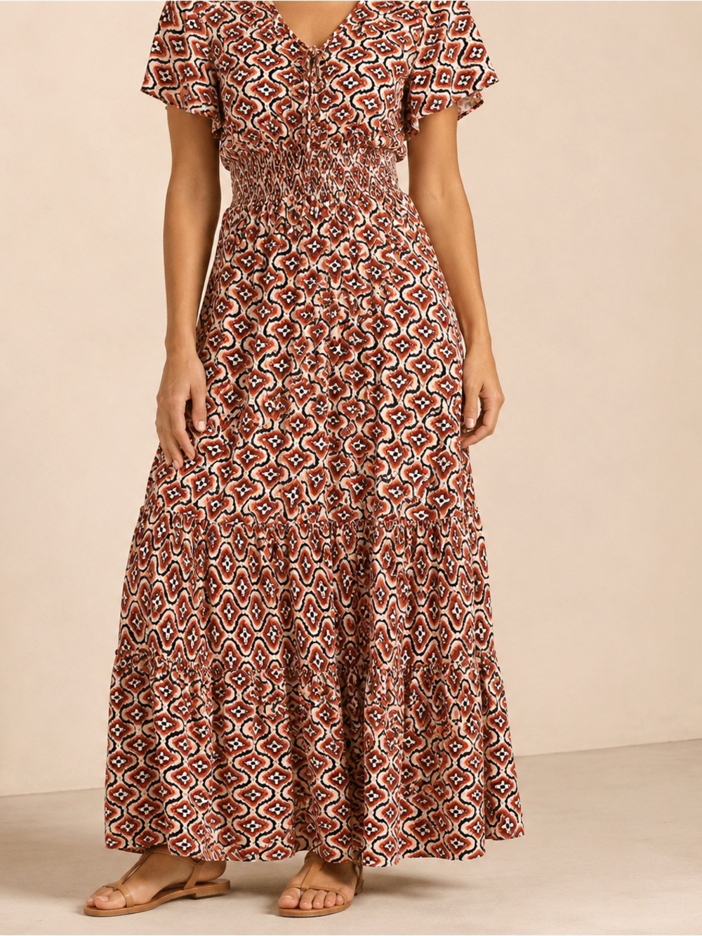 Italian Geometric Print Smocked Waist Boho Maxi Dress L/XL
